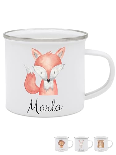 wunderwunsch - Personalisierte Emaille Tasse Kinder mit hochwertigem Spezial-Druck – Bruchsicher, Leicht & Umweltfreundlich – Perfekt für Zuhause, Kindergarten oder Camping (Fuchs) von wunderwunsch