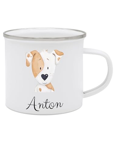 wunderwunsch - Personalisierte Emaille Tasse Kinder mit hochwertigem Spezial-Druck – Bruchsicher, Leicht & Umweltfreundlich – Perfekt für Zuhause, Kindergarten oder Camping (Hund) von wunderwunsch