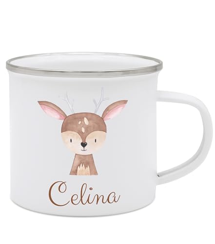wunderwunsch - Personalisierte Emaille Tasse Kinder mit hochwertigem Spezial-Druck – Bruchsicher, Leicht & Umweltfreundlich – Perfekt für Zuhause, Kindergarten oder Camping (Reh) von wunderwunsch