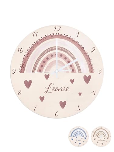 wunderwunsch® - Personalisierte Wanduhr Kinder aus Holz mit Spezial-Druck - Lautloses Uhrwerk mit Aufhängung - Babyzimmer Deko Kinderzimmer (Regenbogen rosa) von wunderwunsch