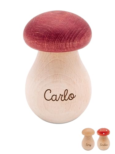 wunderwunsch® - Personalisierter Nussknacker Pilz mit Gravur aus Holz Pilze Deko - Nussknacker Walnüsse - Nussknacker Deko oder Adventskalender Füllung (mit Name,Braun Weiß) von wunderwunsch