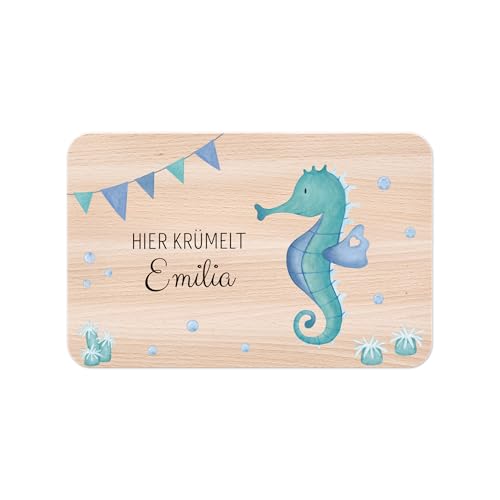 wunderwunsch - Personalisiertes Holzbrett mit Hochwertigem Spezial-Druck für Kinder - Personalisiertes Frühstücksbrettchen - Niedliche Motiv-Brettchen mit Namen (Seepferd Girlande) von wunderwunsch