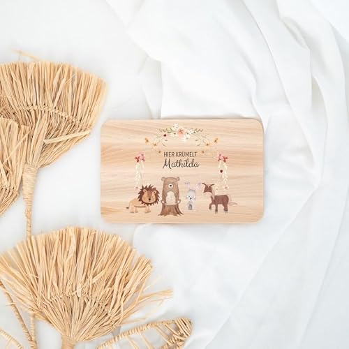 wunderwunsch® - Personalisiertes Holzbrett mit Hochwertigem Spezial-Druck für Kinder - Personalisiertes Frühstücksbrettchen - Niedliche Motiv-Brettchen mit Namen (Tiere Blumenkreis) von wunderwunsch