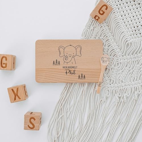 wunderwunsch - Personalisiertes Holzbrett mit präziser Gravur für Kinder - Personalisiertes Frühstücksbrettchen - Niedliche Motiv-Brettchen mit Namen (Elefant + Löffel) von wunderwunsch