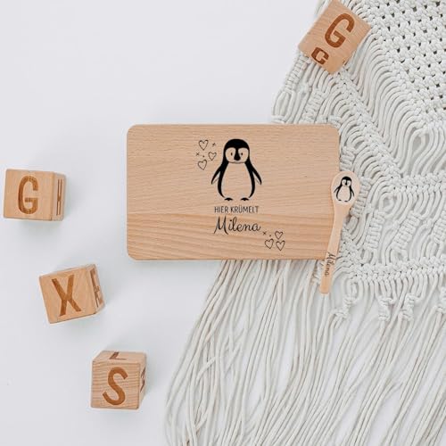 wunderwunsch - Personalisiertes Holzbrett mit präziser Gravur für Kinder - Personalisiertes Frühstücksbrettchen - Niedliche Motiv-Brettchen mit Namen (Pinguin + Löffel) von wunderwunsch