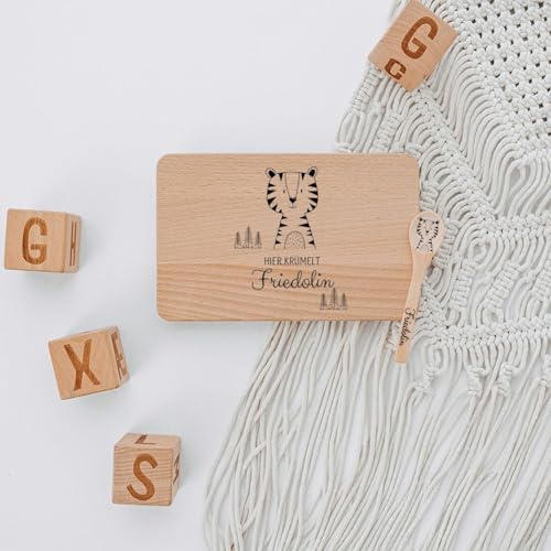 wunderwunsch - Personalisiertes Holzbrett mit präziser Gravur für Kinder - Personalisiertes Frühstücksbrettchen - Niedliche Motiv-Brettchen mit Namen (Tiger) von wunderwunsch
