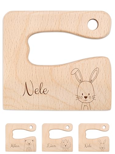 wunderwunsch® - Personalisiertes Montessori Kinder Messer mit Gravur - Sicheres Holz Baby Besteck mit abgerundeten Kanten - Geburtstag Baby Geschenk (Hase) von wunderwunsch