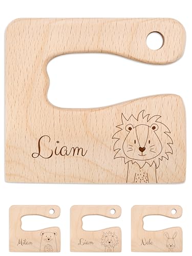wunderwunsch® - Personalisiertes Montessori Kinder Messer mit Gravur - Sicheres Holz Baby Besteck mit abgerundeten Kanten - Geburtstag Baby Geschenk (Löwe) von wunderwunsch