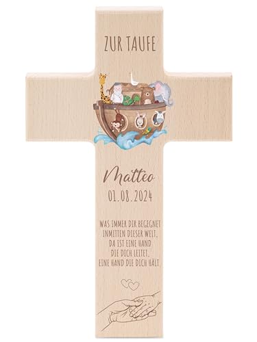 wunderwunsch® - Personalisiertes Taufkreuz mit hochwertigem Spezial-Druck aus massivem Buchenholz - Taufe Geschenk - Holzkreuz Taufe (Arche Tiere) von wunderwunsch