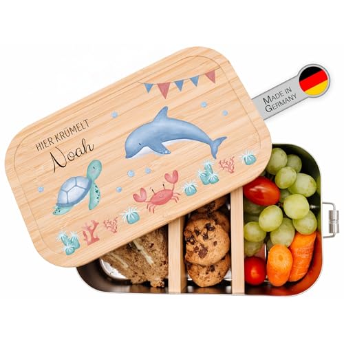 wunderwunsch - Personalisierte Brotdose für Kinder - Robuste und Individuelle Edelstahl Brotdose mit Namen - Personalisierte Geschenke für Kinder (Meerestiere Girlande, klein Edelstahl) von wunderwunsch