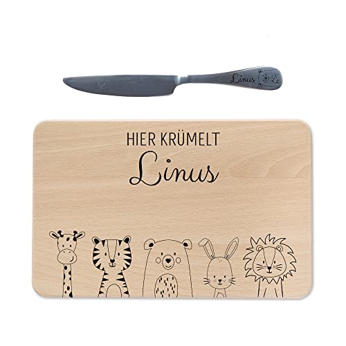 wunderwunsch - Individuelles Holzbrett mit Gravur inklusive Messer für Kinder - Personalisiertes Frühstücksbrettchen mit Kindermesser - Motiv-Brettchen mit Namen von wunderwunsch