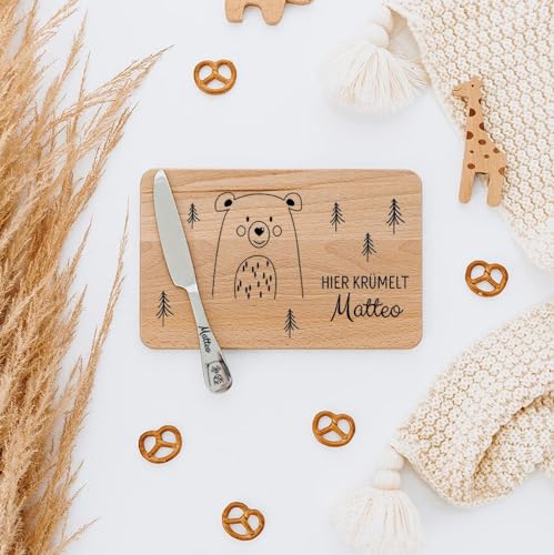 wunderwunsch - Personalisiertes Holzbrett mit präziser Gravur mit Messer für Kinder - Personalisiertes Frühstücksbrettchen - Niedliche Motiv-Brettchen mit Namen (Bär) von wunderwunsch