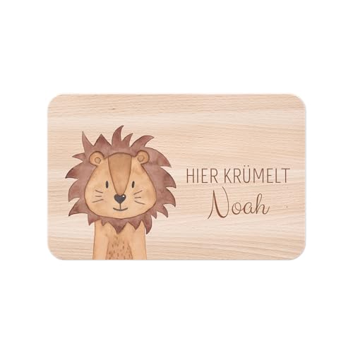 wunderwunsch - Individuelles Holzbrett mit Hochwertigem UV-Druck für Kinder - Personalisiertes Frühstücksbrettchen - Niedliche Motiv-Brettchen mit Namen (Löwe links unten) von wunderwunsch