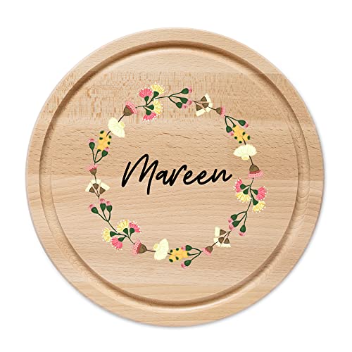 wunderwunsch - Individuelles Holzbrett mit Hochwertigem UV-Farbdruck - Rundes Holzbrett mit Name - Personalisiertes Brotzeitbrett für Mama, Papa, Oma oder Opa (Blumenkranz Pink) von wunderwunsch