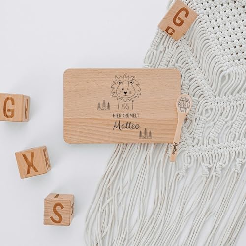 wunderwunsch® - Personalisiertes Holzbrett mit präziser Gravur für Kinder - Personalisiertes Frühstücksbrettchen - Niedliche Motiv-Brettchen mit Namen (Löwe) von wunderwunsch