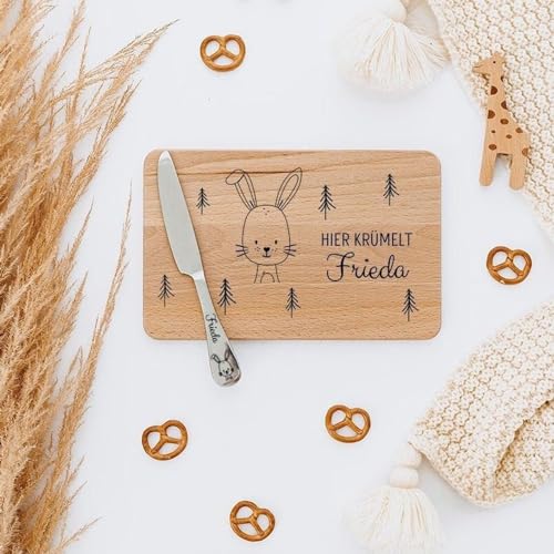 wunderwunsch - Personalisiertes Holzbrett mit präziser Gravur mit Messer für Kinder - Personalisiertes Frühstücksbrettchen - Niedliche Motiv-Brettchen mit Namen (Hase) von wunderwunsch