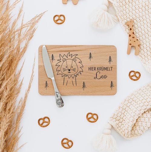 wunderwunsch® - Personalisiertes Holzbrett mit präziser Gravur mit Messer für Kinder - Personalisiertes Frühstücksbrettchen - Niedliche Motiv-Brettchen mit Namen (Löwe) von wunderwunsch