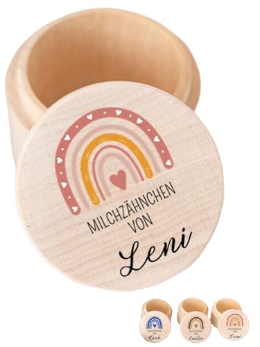 wunderwunsch - Milchzahndose personalisiert aus Holz mit kinderfreundlichem UV-Druck - Zahndose Milchzähne als Erinnerung an die ersten Zähnchen (Regenbogen rosa) von wunderwunsch