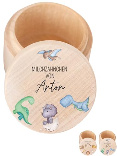 wunderwunsch - Milchzahndose personalisiert aus Holz mit kinderfreundlichem UV-Druck - Zahndose Milchzähne als Erinnerung an die ersten Zähnchen (Dinosaurier) von wunderwunsch