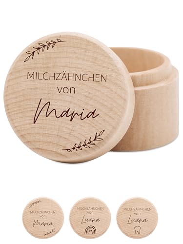 wunderwunsch - Milchzahndose personalisiert aus Holz mit hochwertiger Gravur - Zahndose Milchzähne als Erinnerung an die ersten Zähnchen (Blumenkranz) von wunderwunsch