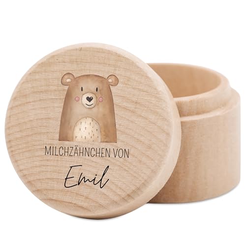 wunderwunsch® - Milchzahndose personalisiert aus Holz mit kinderfreundlichem UV-Druck - Zahndose Milchzähne als Erinnerung an die ersten Zähnchen (Bär) von wunderwunsch