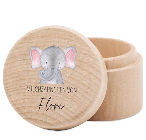 wunderwunsch® - Milchzahndose personalisiert aus Holz mit kinderfreundlichem UV-Druck - Zahndose Milchzähne als Erinnerung an die ersten Zähnchen (Elefant) von wunderwunsch
