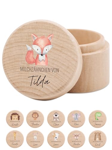 wunderwunsch - Milchzahndose personalisiert aus Holz mit kinderfreundlichem UV-Druck - Zahndose Milchzähne als Erinnerung an die ersten Zähnchen (Fuchs) von wunderwunsch