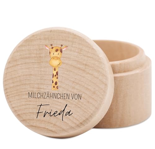 wunderwunsch® - Milchzahndose personalisiert aus Holz mit kinderfreundlichem UV-Druck - Zahndose Milchzähne als Erinnerung an die ersten Zähnchen (Giraffe) von wunderwunsch
