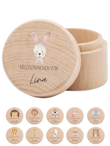 wunderwunsch - Milchzahndose personalisiert aus Holz mit kinderfreundlichem UV-Druck - Zahndose Milchzähne als Erinnerung an die ersten Zähnchen (Hase) von wunderwunsch