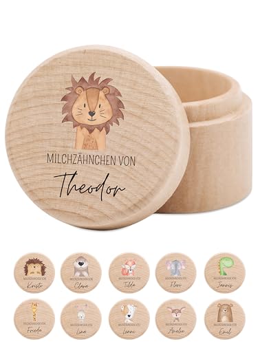 wunderwunsch - Milchzahndose personalisiert aus Holz mit kinderfreundlichem UV-Druck - Zahndose Milchzähne als Erinnerung an die ersten Zähnchen (Löwe) von wunderwunsch