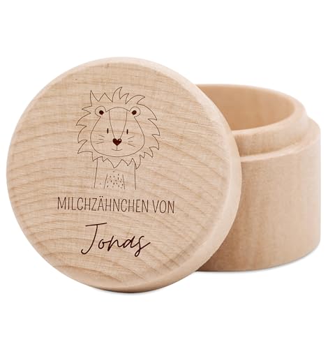 wunderwunsch® - Milchzahndose personalisiert aus Holz mit hochwertiger Gravur - Zahndose Milchzähne als Erinnerung an die ersten Zähnchen (Löwe) von wunderwunsch