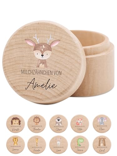 wunderwunsch - Milchzahndose personalisiert aus Holz mit kinderfreundlichem UV-Druck - Zahndose Milchzähne als Erinnerung an die ersten Zähnchen (Reh) von wunderwunsch