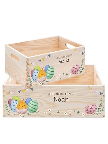 wunderwunsch Osterkiste, Osterkorb, Osternest, Osterkörbchen personalisiert, Ostergeschenk Kinder, Osterdeko Holz, individualisiert mit deinem Wunschnamen (Ostereier Girlande, klein 30x20x13) von wunderwunsch