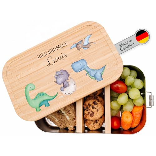 wunderwunsch® - Personalisierte Brotdose für Kinder mit Spezial-Druck - Robuste Edelstahl Brotdose - Personalisierte Geschenke für Kinder & Erwachsene (Dinosaurier unten,Kleine Lunchbox 700 ml) von wunderwunsch