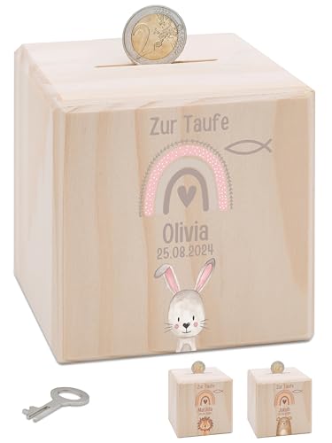 wunderwunsch® - Personalisierte Spardose Kinder aus Holz mit Metallschloss - Spardose mit Namen mit kinderfreundlichem UV-Druck zum Sparen für Kinderträume (Hase) von wunderwunsch