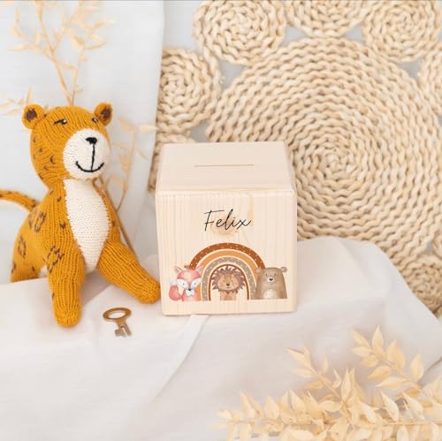 wunderwunsch® - Personalisierte Spardose Kinder aus Holz mit Metallschloss - Spardose mit Namen mit kinderfreundlichem UV-Druck zum Sparen für Kinderträume von wunderwunsch