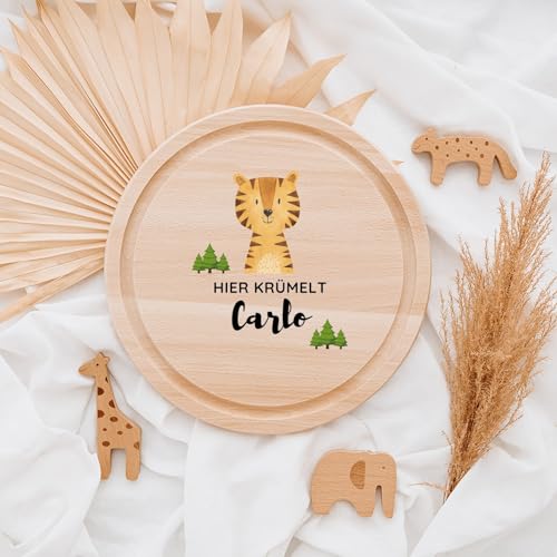wunderwunsch - Personalisiertes Holzbrett Mit Hochwertigem Spezial-Druck - Rundes Schneidebrett Mit Name für Kinder - Geschenk (Tiger) von wunderwunsch