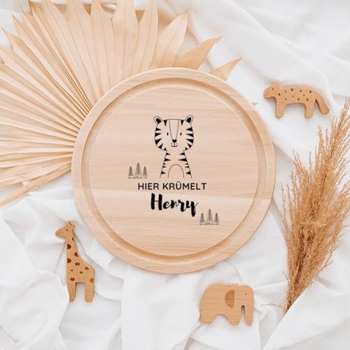 wunderwunsch - Personalisiertes Holzbrett Mit Präziser Gravur - Rundes Schneidebrett Mit Name für Kinder - Niedliches Geschenk (Tiger) von wunderwunsch