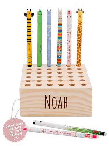 wunderwunsch Stiftehalter für Legami und co aus stabilem Holz, Stifthalter für Buntstifte Kinder Schreibtisch als Geschenk zur Einschulung und Grundschule (mit Name, quadratisch) von wunderwunsch