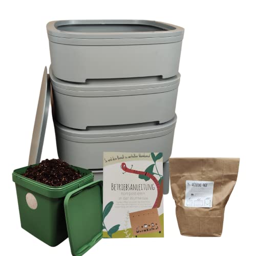 Wurmbox Komposter mit 3 Etagen und 500 Kompostwürmer kaufen - praktischer Schnellkomposter ersetzt Biomülleimer von wurmkiste.at