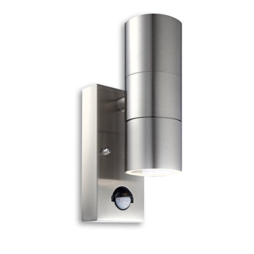 CONCEPTRUN Premium LED Wandleuchte ROM einstellbar mit Bewegungsmelder und Dämmerungssensor Wandlampe Außenleuchte Up Down 2-Flammig Edelstahl gebürstet Form: A2 IP44 GU10-230V warmweiß von CONCEPTRUN