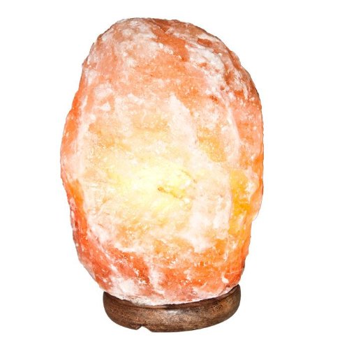 Windworks Salzlampe 3-6 Kg Salt Range Pakistan mit Elektromaterial auf dunklem Holzsockel von www.windworks.eu