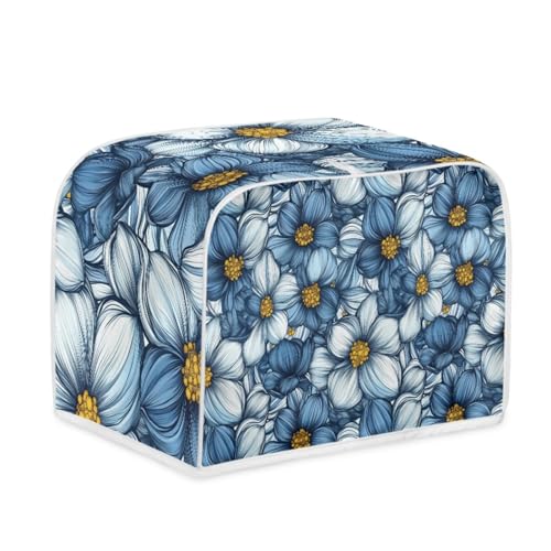 Toaster Abdeckung Blaue Gelbe Blumen Robustes Canvas, reißfest wasserabweisend, langlebig und kratzschützend – Passt zu 4-Scheiben und 2-Scheiben Toastern Modellen, verteidigt gegen tägliche Abnutzung von wxlmom