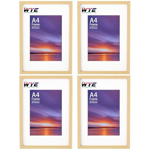 Set aus 4 x A4-Holzrahmen mit A5-Passepartout zum Aufstellen oder Aufhängen, A4-Rahmen in Naturholzoptik mit Plexiglasfenster, naturfarben von wyewye
