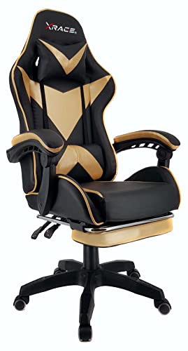 xRace Gaming-Stuhl Hoher Drehstuhl aus Leder mit Lendenwirbelstütze, Kopfstütze und Fußstütze, verstellbar, neigbar, Rennstil (Gold) von xRace