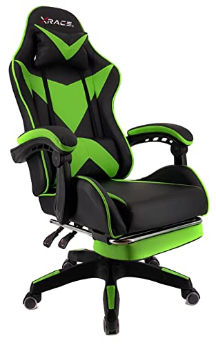 xRace Gaming-Stuhl Hoher Drehstuhl aus Leder mit Lendenwirbelstütze, Kopfstütze und Fußstütze, verstellbar, neigbar, Rennstil (Grün) von xRace