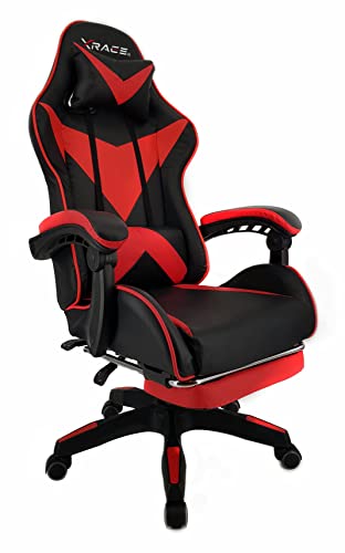 xRace Gaming-Stuhl Hoher Drehstuhl aus Leder mit Lendenwirbelstütze, Kopfstütze und Fußstütze, verstellbar, neigbar, Rennstil (Rot) von xRace