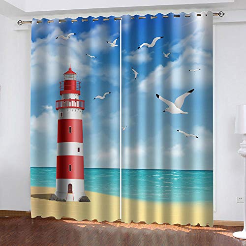 xczxc 3D Blickdicht Vorhang Leuchtturm am Meer Verdunkelungsvorhänge mit Ösen 2 Stücke Blickdicht Gardine für Wohnzimmer Kinderzimmer Schlafzimmer 2X B110x H215 cm von xczxc