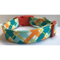 Modernes Kariertes Orange, Teal, Gelbes Hundehalsband Größe Xs, S, M Oder L von xfauxpawsx