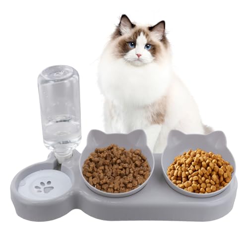 3 in 1 Futternapf Katze erhöht,15-Grad kippbare Fressnapf Katze, Katzennapfset mit Wasserfontänen,erhöhter Katzennäpfe, Katzenschüssel, Futternapf und Wassernapf für Katzen und kleine Hunde von xianynow
